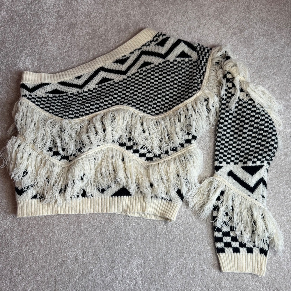 Hazel & Olive One Shoulder Fringe Knit Sweater Black Cream Medium Modern